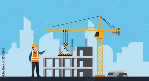 A construction worker directs operations near a large crane and a cityscape showcasing a flat vector silhouette high quality professional detailed