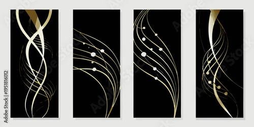 Four abstract vertical panels featuring swirling gold lines and dots