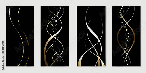Four abstract panels featuring elegant swirling golden and silver lines