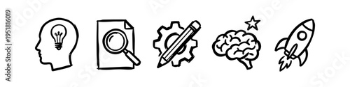 Hand-drawn business and creativity icons representing ideation, research, design, intelligence, and product launch. Black ink sketch style on white background.