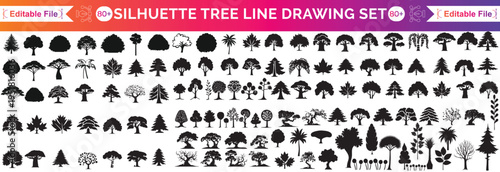 silhouette tree line drawing set, Side view, set of graphics trees elements outline symbol for architecture and landscape design drawing. Vector illustration