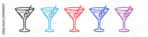 Set of five colorful martini glass illustrations with olives on a white background. Hand-drawn style cocktail icons in black, cyan, red, blue, and purple for bar menus and party designs.