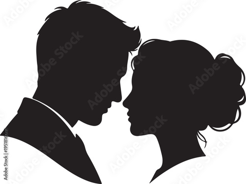 Silhouette of a couple in profile facing each other with heads close representing love and romance isolated
