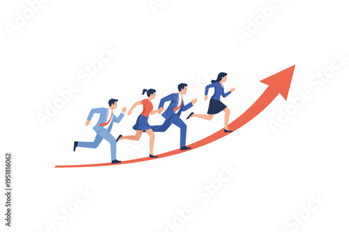 Business professionals running up an arrow symbolizing growth and progress success career development motivation