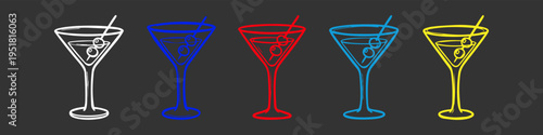 Colorful martini glass icons with olives on dark background. Set of five line art cocktail illustrations in white, blue, red, cyan, and yellow for bar menus or party designs.