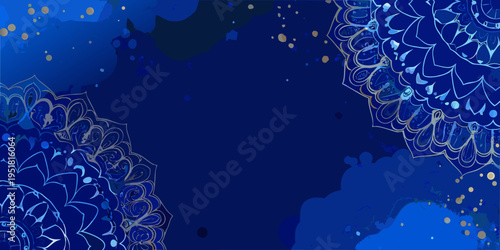 Elegant blue background with golden mandala floral patterns and watercolor splashes
