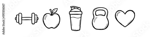 Hand-drawn fitness and health icons set including a dumbbell, apple, protein shaker, kettlebell, and heart. Minimalist doodle illustration for wellness, exercise, and active lifestyle themes.