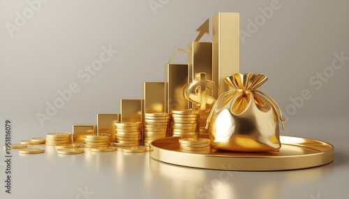 A shiny gold money bag and coins on a circular platform with a bar graph in the background, symbolizing financial growth and wealth.