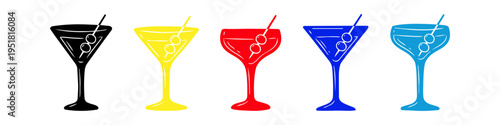 Set of five colorful cocktail glasses in black, yellow, red, blue, and cyan. Each martini glass features a drink with two olives on a toothpick. Flat vector illustration for bars and parties.