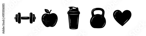 Minimalist set of black silhouettes for health and fitness icons: dumbbell, apple, shaker cup, kettlebell, and heart symbol on a white background. Perfect for gym and wellness designs.