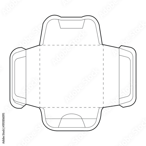 Flat layout dieline for a square cardboard box with folding flaps and locking mechanism. Vector