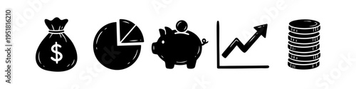 Set of hand-drawn business and finance icons featuring a money bag, pie chart, piggy bank, growth graph, and coin stack. Minimalist black silhouettes for investment and banking concepts.
