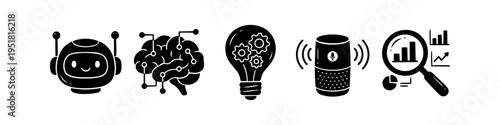 Set of black and white artificial intelligence and technology icons featuring a chatbot, neural brain, innovation lightbulb, voice assistant, and data analysis magnifying glass.