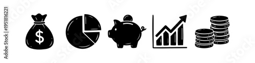 Set of hand-drawn financial icons including money bag, pie chart, piggy bank, growth graph, and coin stacks. Black silhouette doodle style on white background.