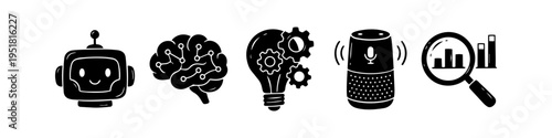 Set of black and white hand-drawn artificial intelligence icons featuring a chatbot, neural network brain, lightbulb with gears, smart speaker, and data analysis magnifying glass.