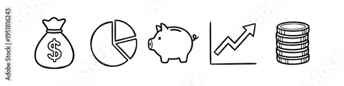 Set of five hand-drawn financial icons: money bag, pie chart, piggy bank, growth graph, and coin stack. Simple black line art doodles representing savings, investment, and business success.