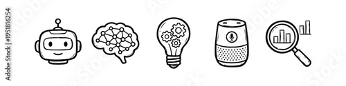 Set of five hand-drawn AI technology icons in doodle style including a robot, neural network, innovation bulb, smart speaker, and data analysis magnifying glass on a white background.
