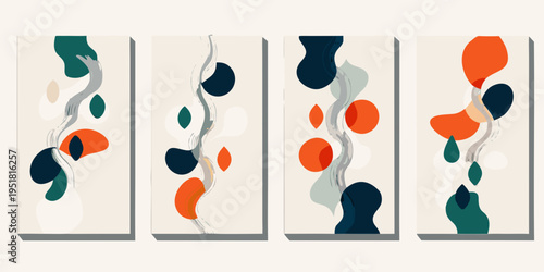 Abstract vertical panels featuring flowing shapes and a muted color palette