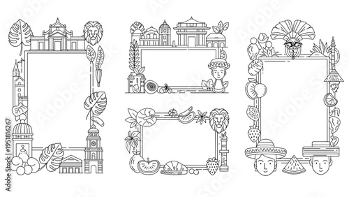 Diverse collection of travel-themed decorative frames, intricately designed with iconic buildings, exotic fruits, and various cultural elements from around the world.