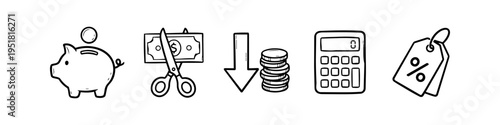 Set of hand-drawn finance and savings icons including a piggy bank, budget cutting scissors, price drop arrow, calculator, and discount tags. Minimalist black and white sketch style.