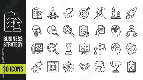 Collection of business strategy icons in outline style for corporate planning, analytics, and management concepts.