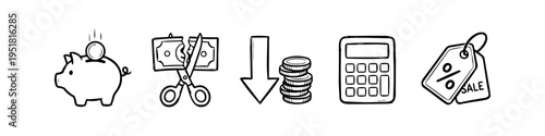 Set of hand-drawn financial icons featuring a piggy bank, scissors cutting a bill, price tags, and a calculator. Ideal for themes of budgeting, cost reduction, and savings. Black and white doodle.
