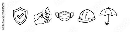 Hand-drawn safety and protection icons set featuring a shield, hand washing, face mask, hard hat, and umbrella. Minimalist black line art sketches for health, hygiene, and security concepts.