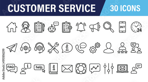 Customer service icons with support, communication, and helpdesk symbols in outline style on light background.