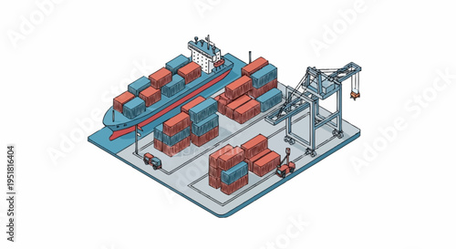 Isometric illustration of a busy container port with a cargo ship being loaded by a large crane and forklifts.