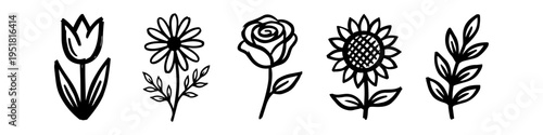 Hand-drawn black and white floral set featuring minimalist sketches of a tulip, daisy, rose, sunflower, and leaves. Ideal for rustic wedding invitations and organic brand designs.