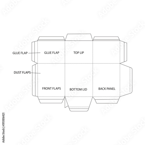 Technical dieline diagram for a custom cardboard packaging box with labeled components Vector