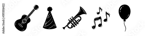 Set of hand-drawn party and music celebration icons including guitar, party hat, trumpet, musical notes, and balloon on a white background. Hand-drawn doodle vector illustration.