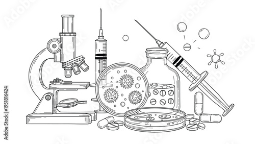 Intricate black and white line art illustration depicting a comprehensive array of scientific and medical equipment, including a microscope, syringes, and petri dishes.