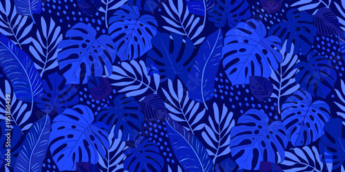 A vibrant blue tropical leaf pattern fills the entire frame