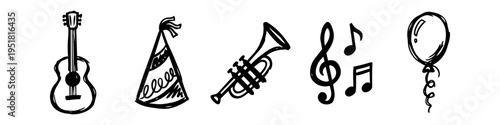 Set of hand-drawn party and music icons including a guitar, trumpet, party hat, music notes, and a balloon. Minimalist black ink doodle style isolated on a white background.