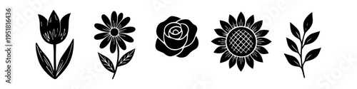 Collection of five black floral silhouettes: tulip, daisy, rose, sunflower, and leaves. Minimalist hand-drawn botanical icons for graphic design, logos, stickers, and decorative art.