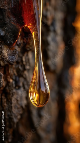 Glowing amberwood resin drips from textured bark, capturing rich, woody warmth and luxurious olfactive allure in a vivid, detailed macro composition