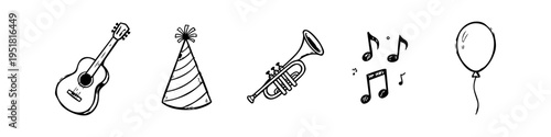 Hand-drawn sketch icons of a guitar, party hat, trumpet, musical notes, and balloon. Minimalist celebration and music-themed illustration set on a white paper background.