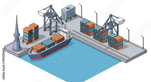 Isometric illustration of a busy shipping port with cargo containers being loaded onto a ship by cranes.