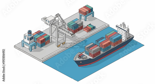 Isometric illustration of a container ship being loaded and unloaded at a busy port with cranes and stacked cargo.