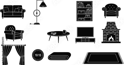 Modern Living Room Furniture Interior Silhouette Icon Set with Sofa Fireplace Bookshelf Lamp Curtain and Rug for Home Decor Flavector