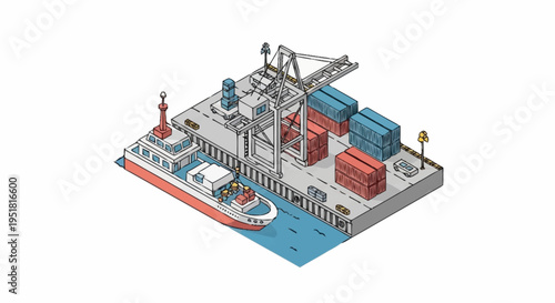 Isometric illustration of a busy shipping port with a cargo ship, cranes, and stacked containers on a dock.