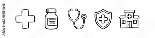 Set of hand-drawn medical and healthcare icons including a cross, medicine bottle, stethoscope, insurance shield, and hospital building. Black and white doodle style illustrations.