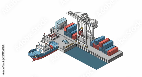 Isometric illustration of a busy shipping port with a tugboat, cargo containers, and a large gantry crane loading a ship.