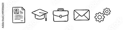 Set of hand-drawn career and education icons including resume, graduation cap, briefcase, envelope, and gears. Black and white doodle style for business and professional concepts.