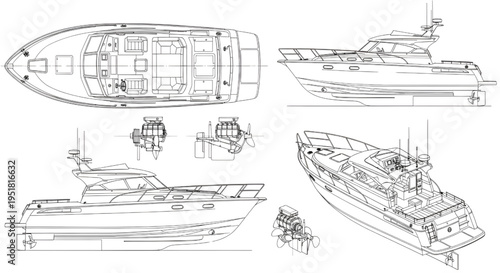 Motor Boat AutoCAD Blueprint Vector – Speedboat Marine Vessel Multi-View Technical Drawing Black Outline Isolated on White

