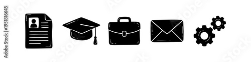Hand-drawn black icons for business and education: resume, graduation cap, briefcase, envelope, and gears. Ideal for career development, recruitment, and professional services design.