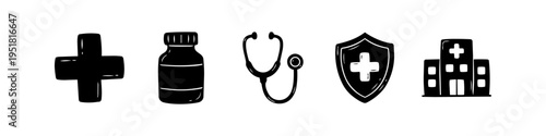 Set of hand-drawn medical icons including a cross, medicine bottle, stethoscope, shield, and hospital building in a black doodle style. Perfect for healthcare, wellness, and insurance designs.