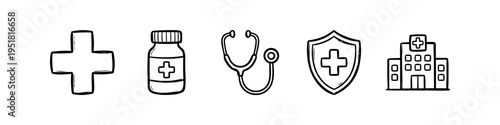 Hand-drawn medical and healthcare icon set in doodle style, featuring a cross, pill bottle, stethoscope, shield, and hospital building. Black and white line art vector illustration.