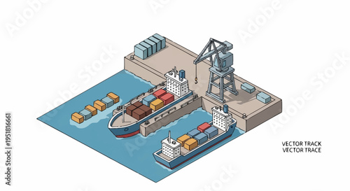 Isometric illustration of a busy shipping port with cargo ships, containers, and a crane, depicting global trade and logistics.